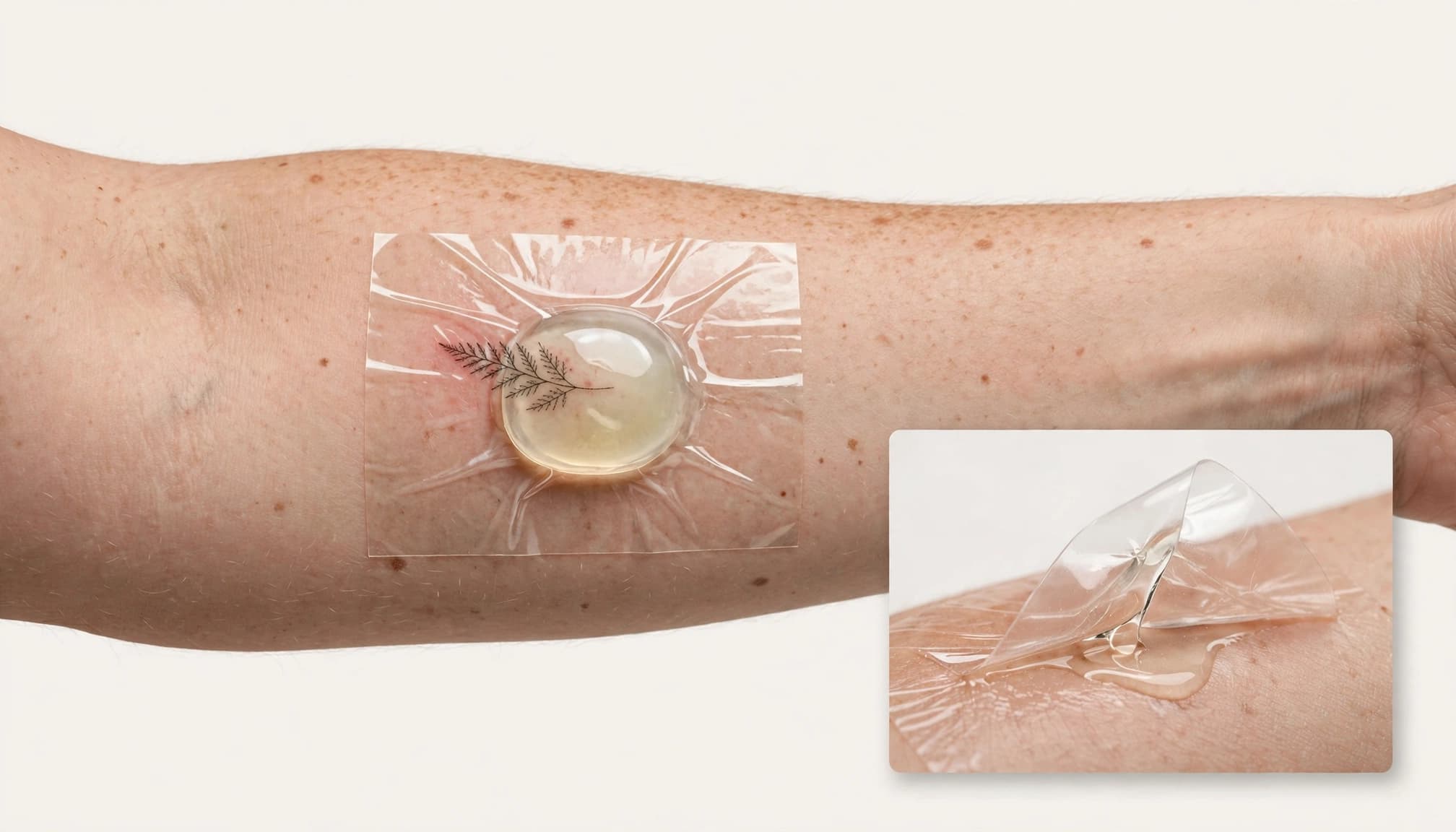A forearm tattoo under clear film shows a fluid pocket and a lifted, leaking edge.