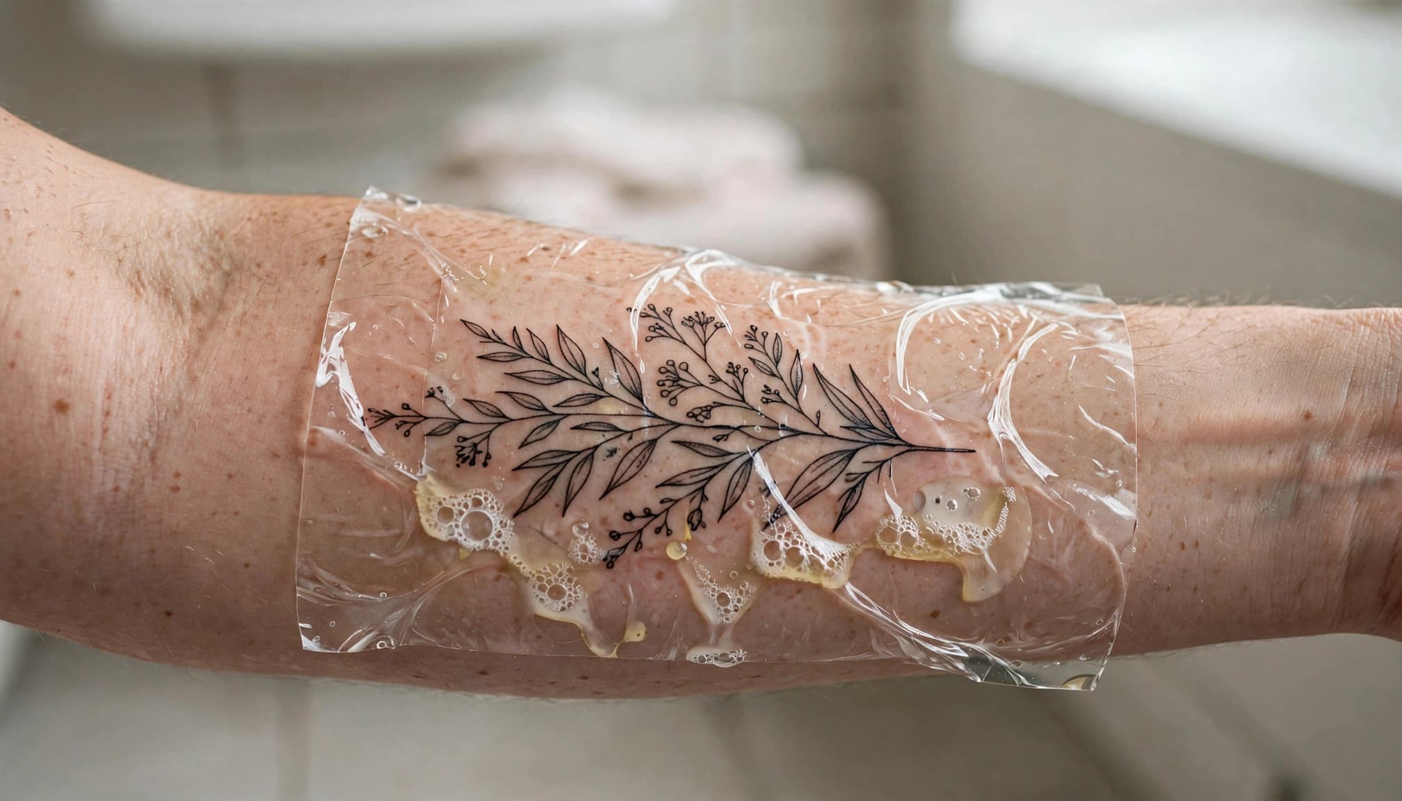 A fresh forearm tattoo is covered by clear film with a little pale fluid beneath it.