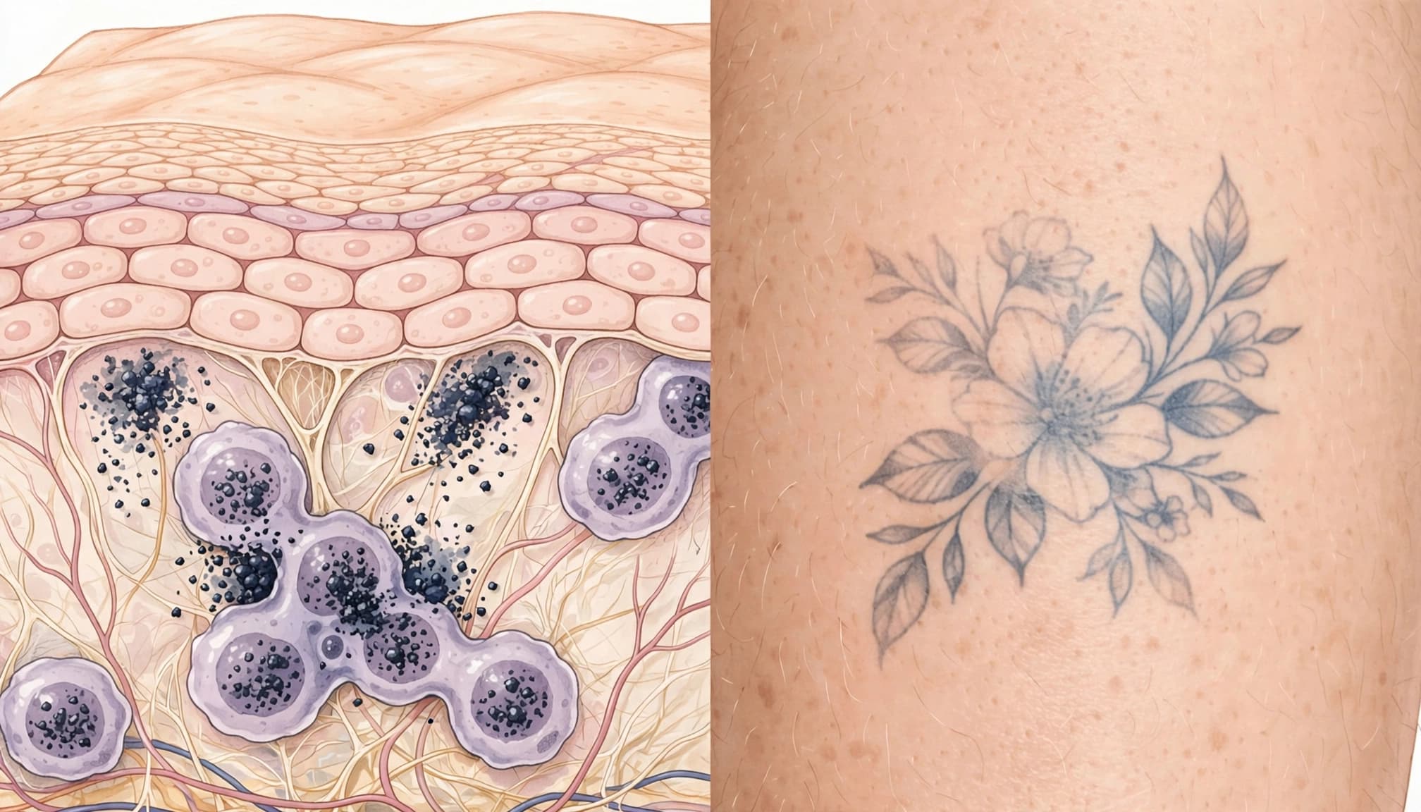 Pigment sits in the dermis beneath a healed tattoo that looks softer over time.