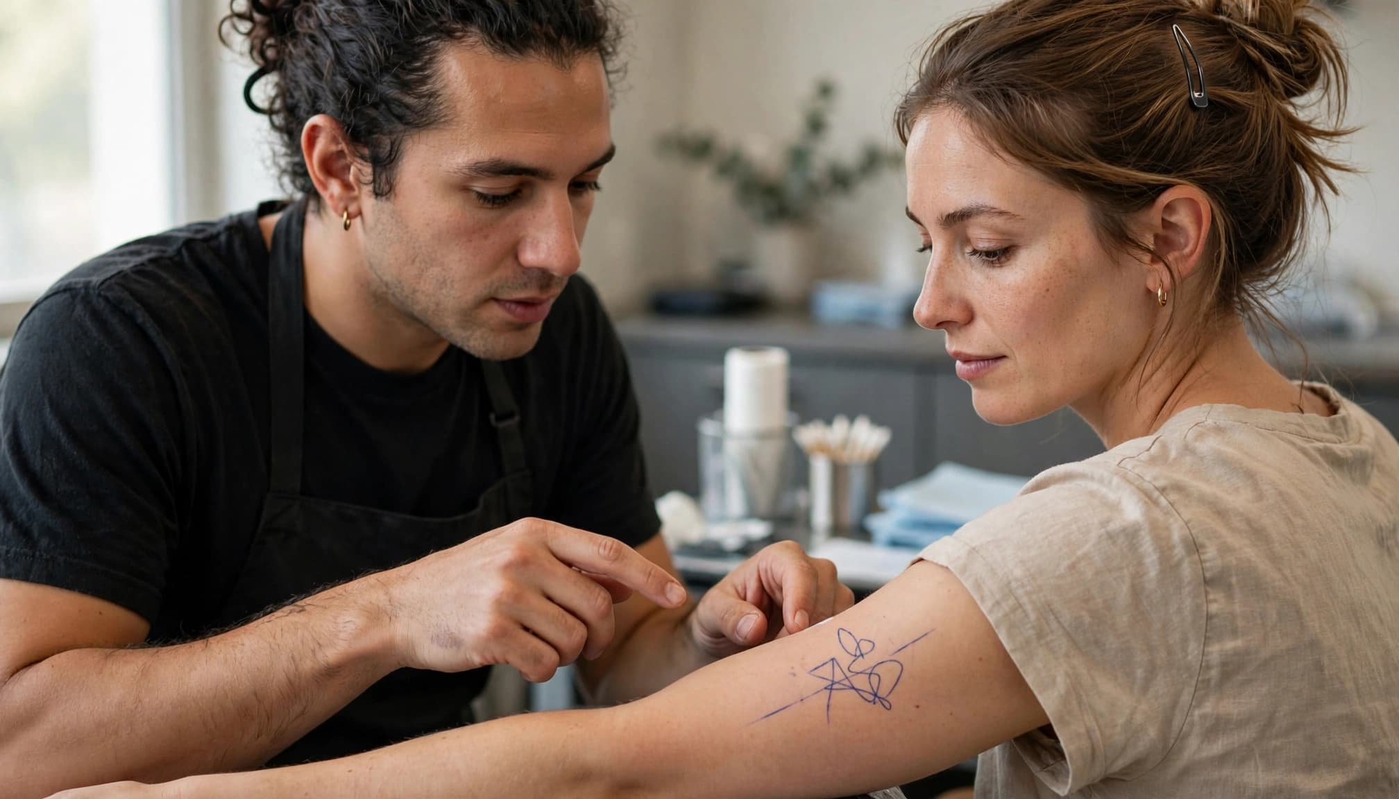 An artist and client review a small stencil on the client's upper arm.