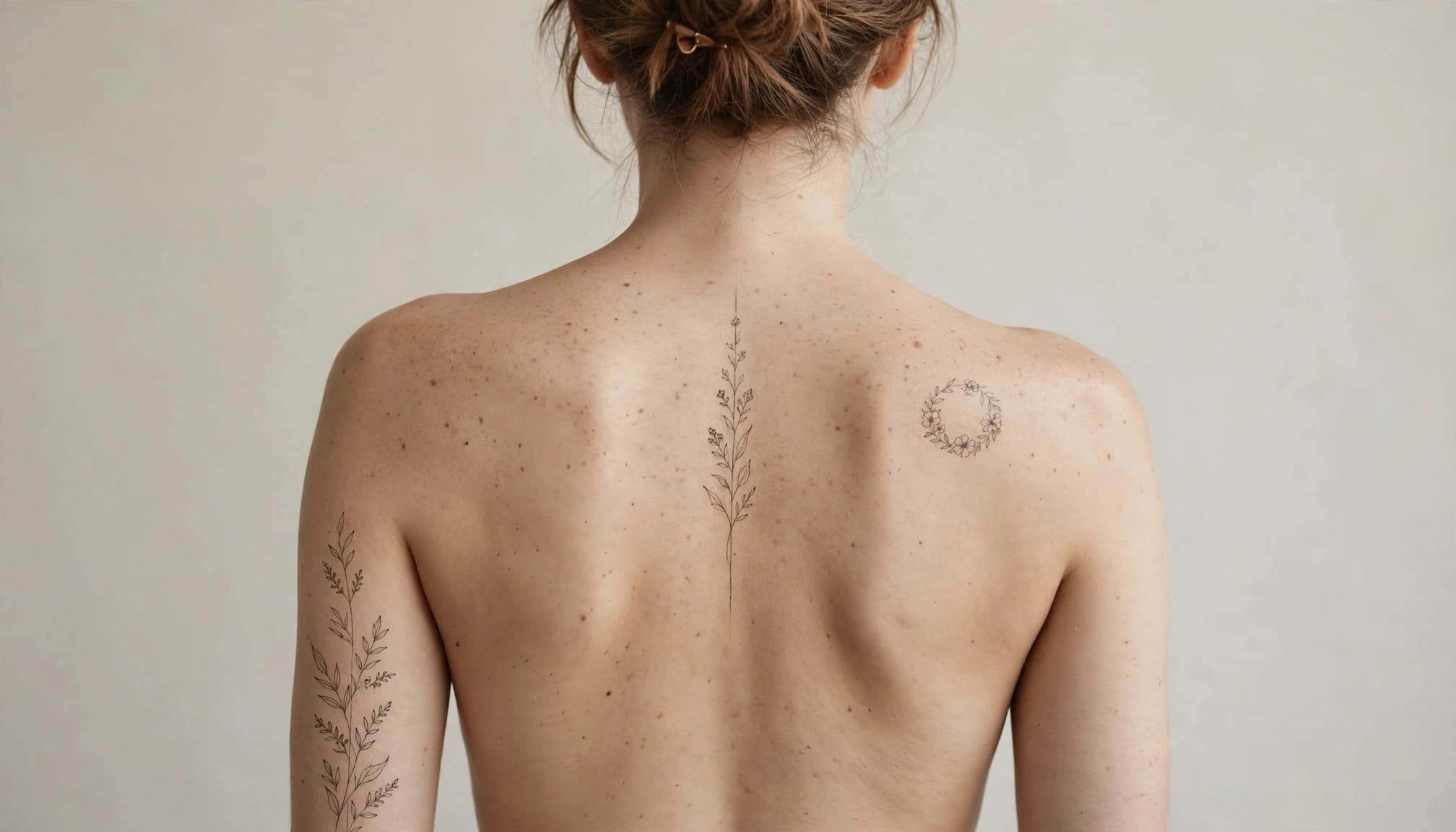 Three fine-line tattoo sketches are shown on one person's forearm, shoulder, and upper back.