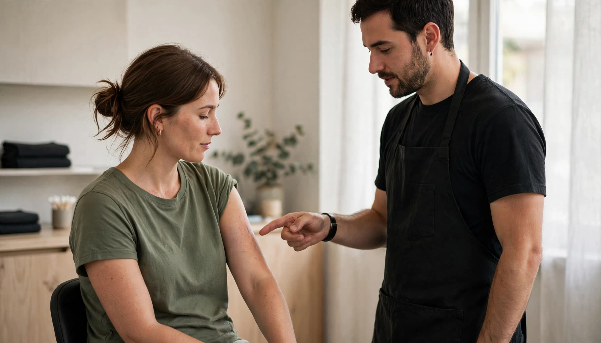 A tattoo artist discusses the client's outer upper arm in a bright studio.