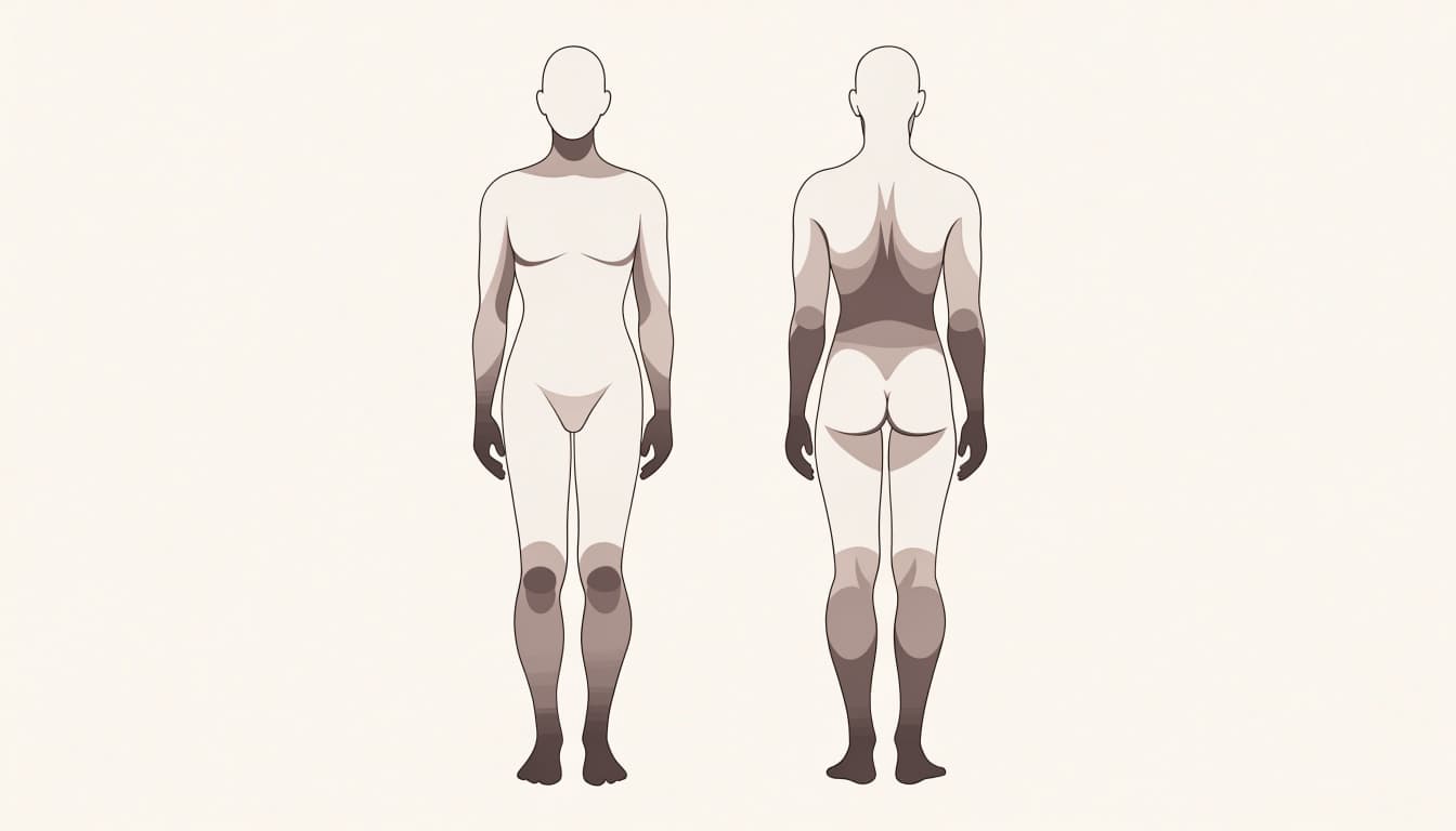 Front and back body silhouettes show tattoo areas with lighter and deeper shading.