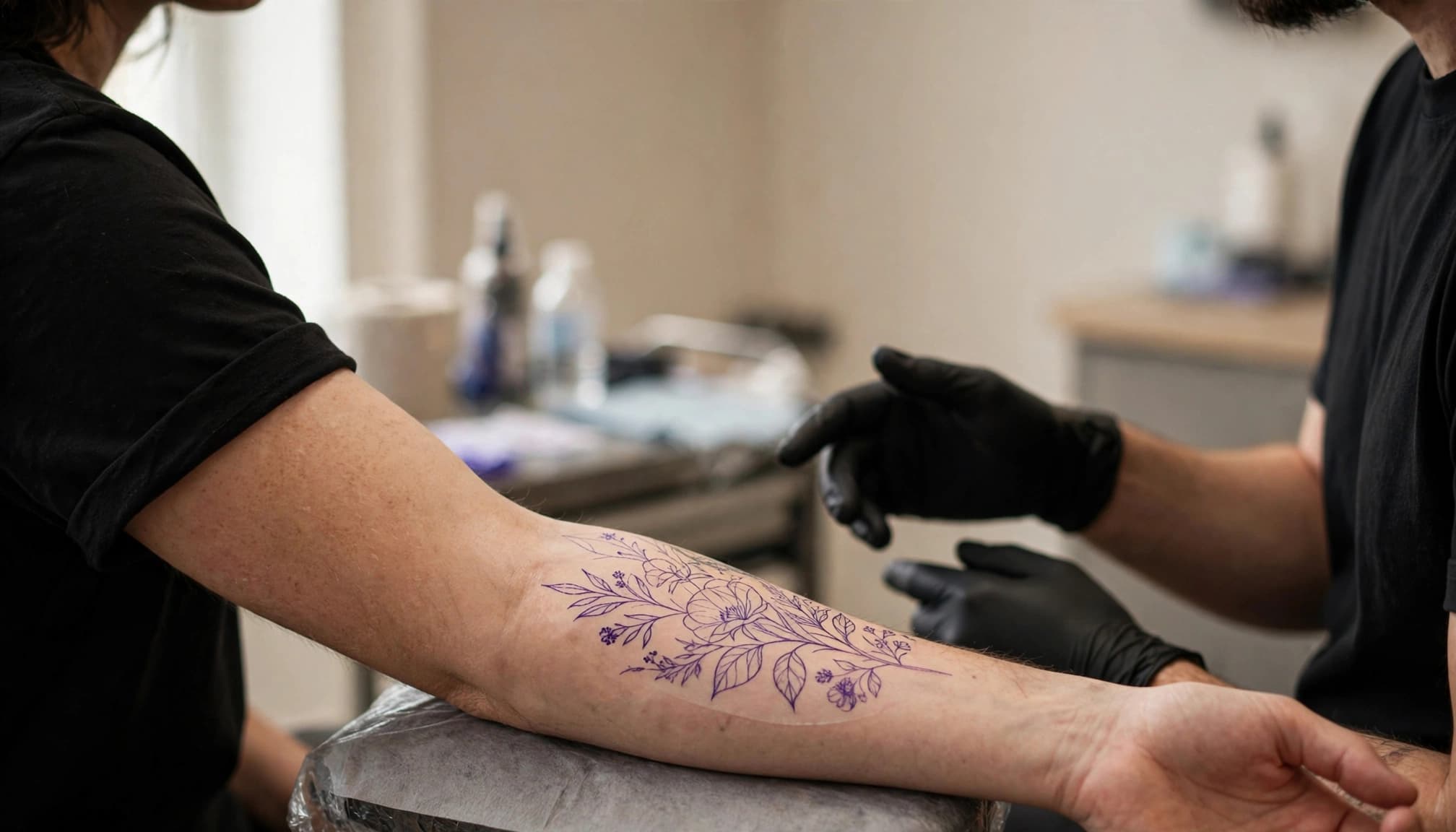 A tattoo artist and client check a stencil on the client's forearm.