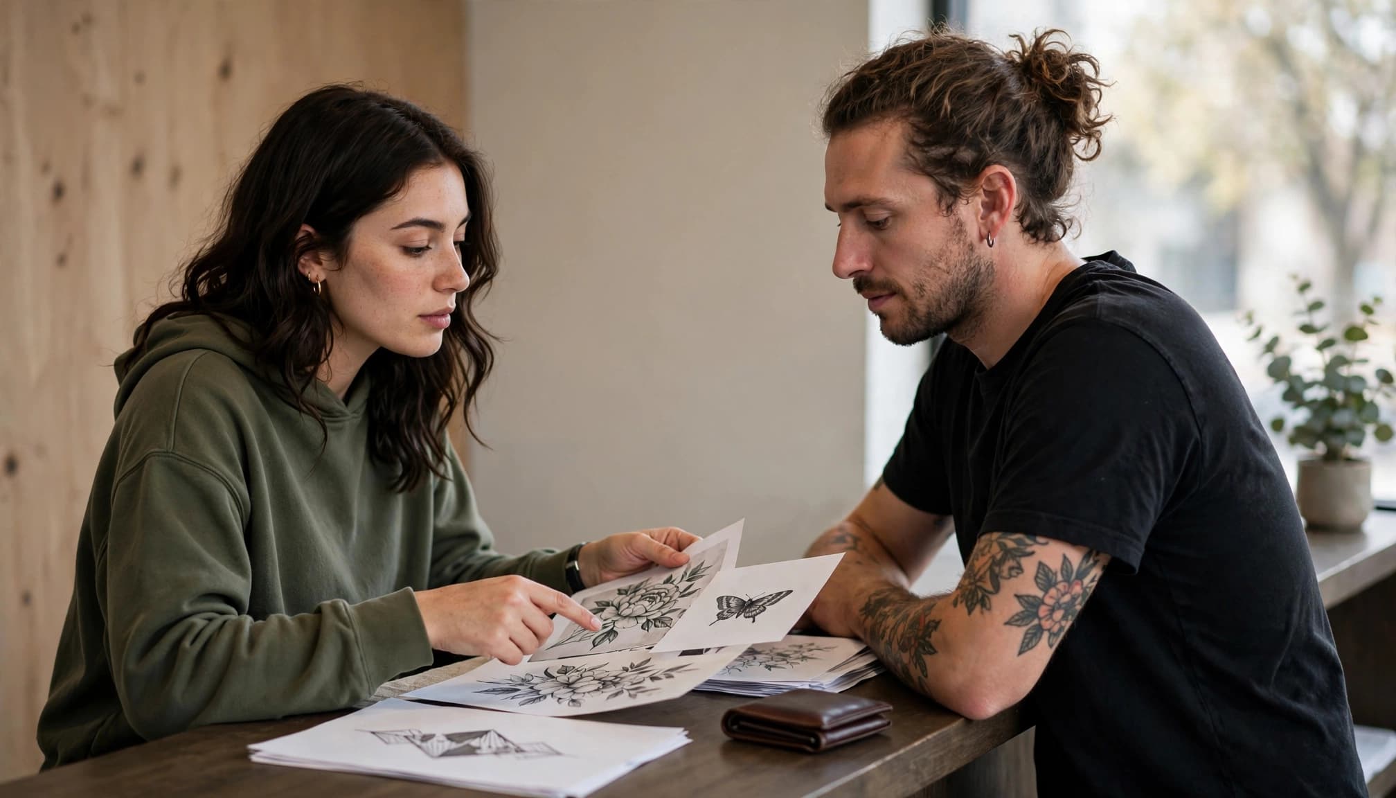 A client and tattoo artist review printed design references at a studio counter.