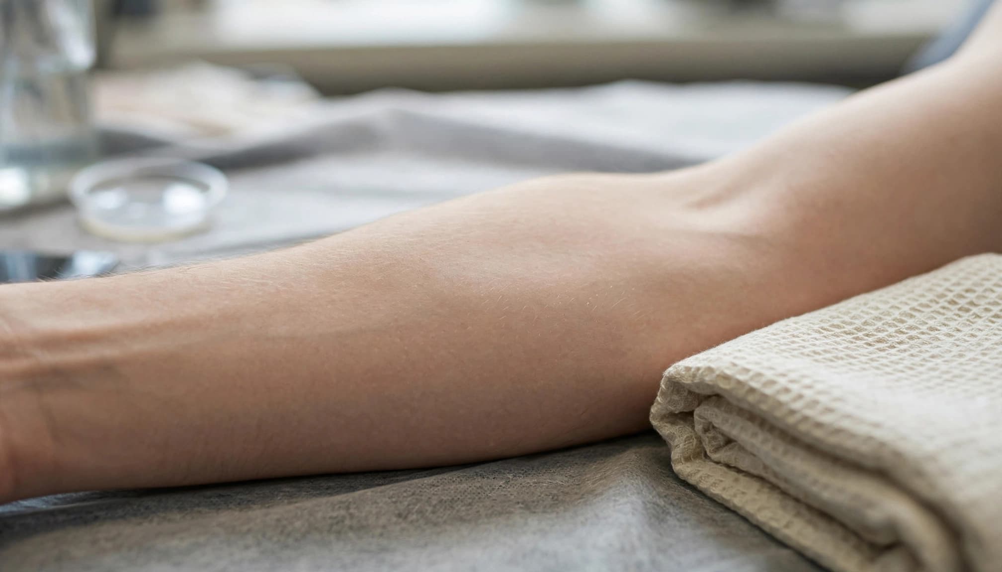 An unmarked forearm rests beside a folded towel in soft studio light.