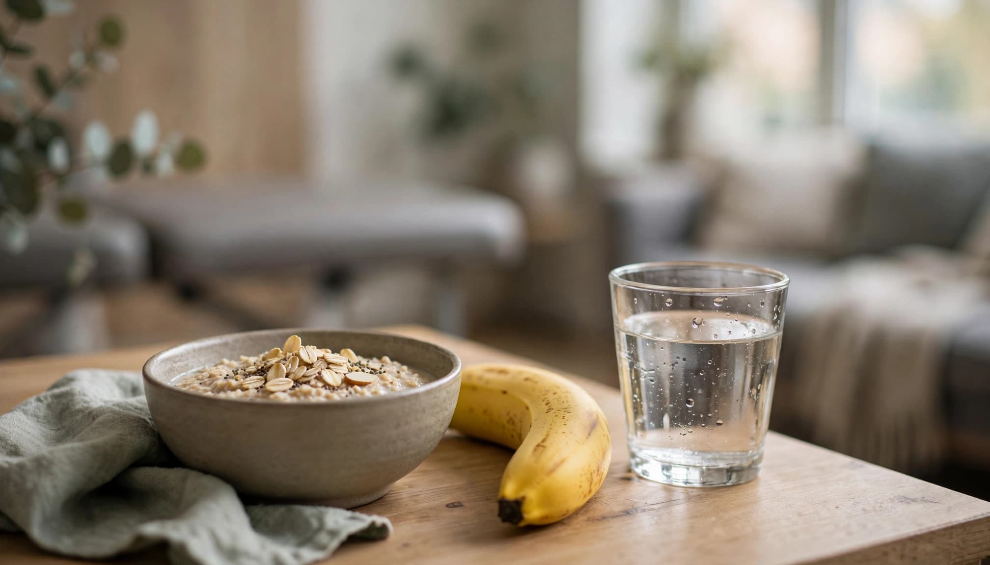 A banana, bowl of oatmeal, and glass of water on a tattoo studio side table.