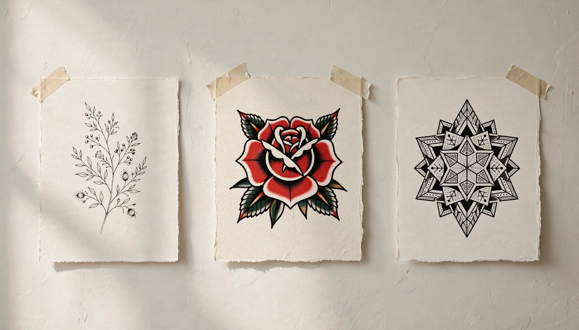 Three separate panels show botanical, traditional rose, and geometric blackwork tattoo designs.