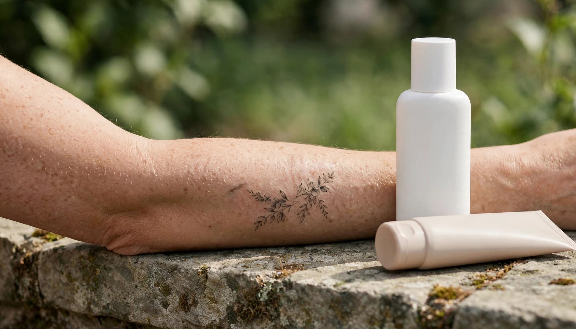 A tattooed forearm rests beside sunscreen and lotion on a sunny stone ledge.