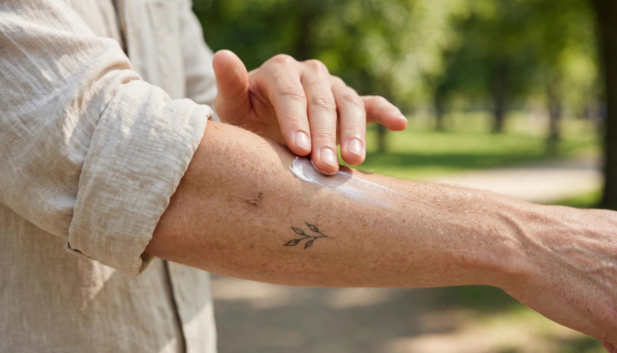 A person rubs sunscreen onto a small tattoo on their forearm in a park.