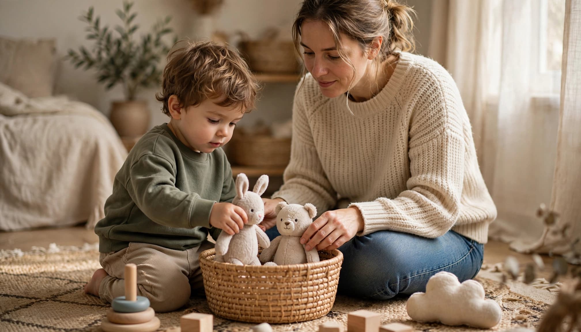 A toddler copies a caregiver putting a soft toy into a basket on a rug.