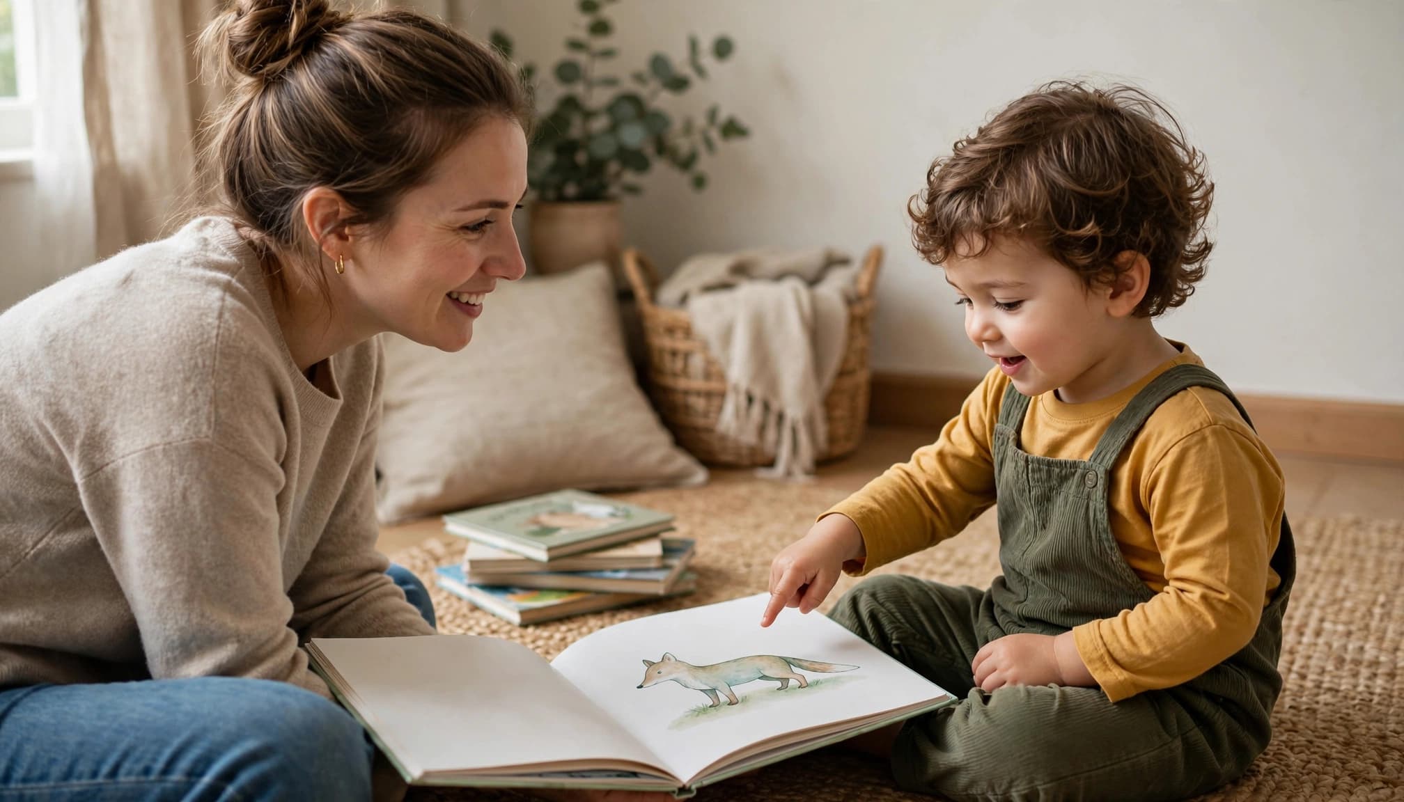 A toddler points at a picture book while a caregiver sits beside them on a rug.