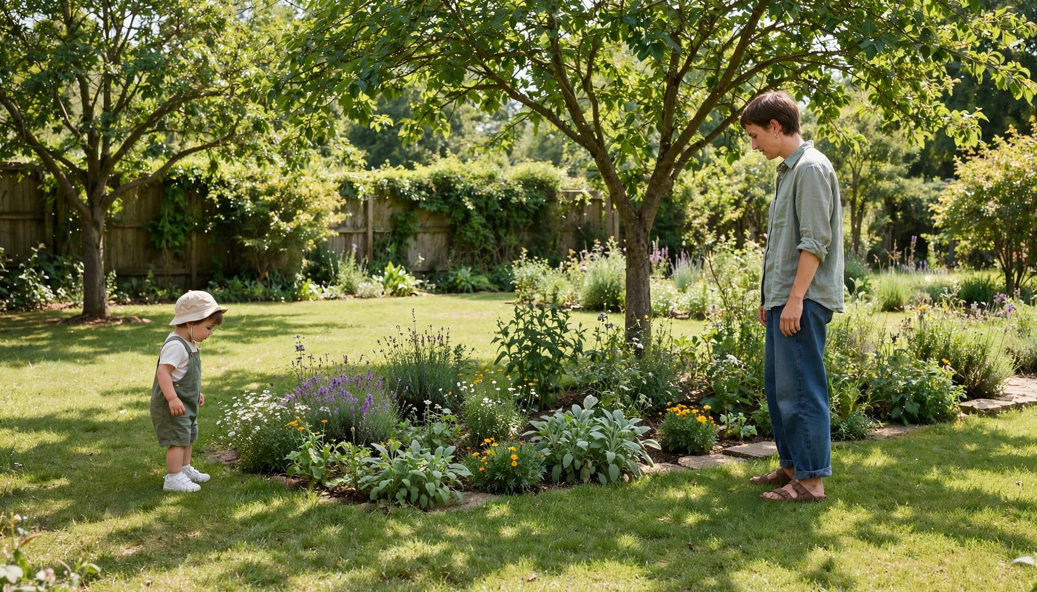 A toddler and adult look at flowers in a shady garden.