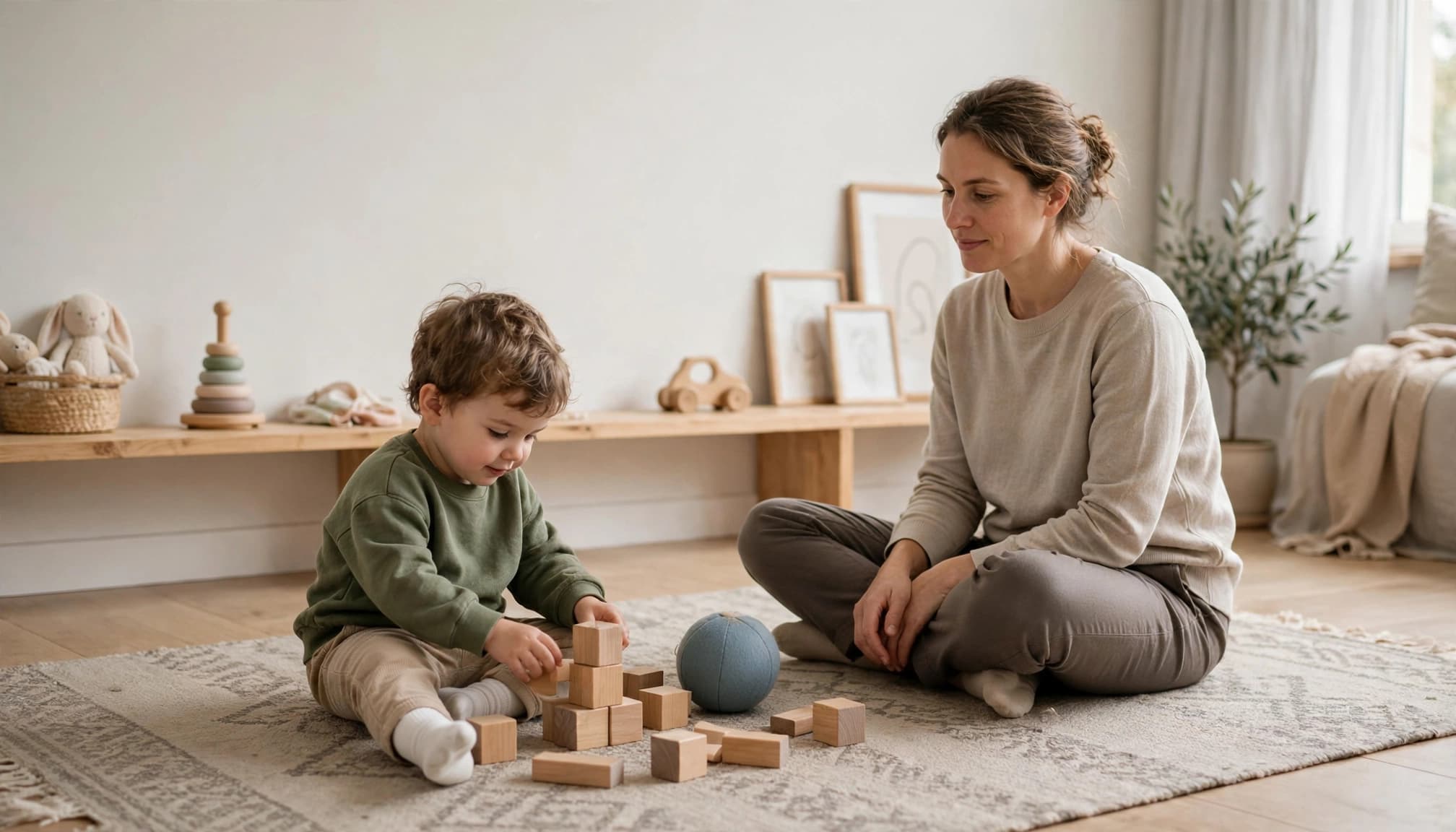 A toddler plays with blocks and a soft ball as a caregiver sits nearby.