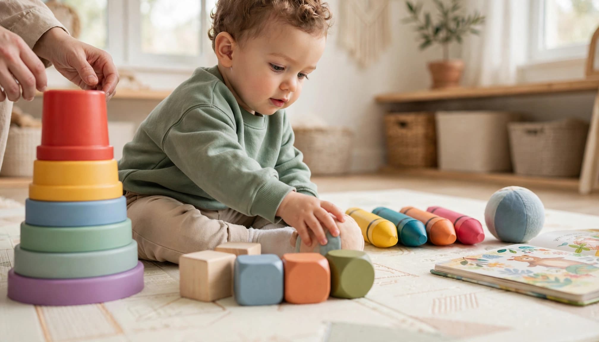 Toddler exploring colorful toys on a play mat in a sunny home playroom.