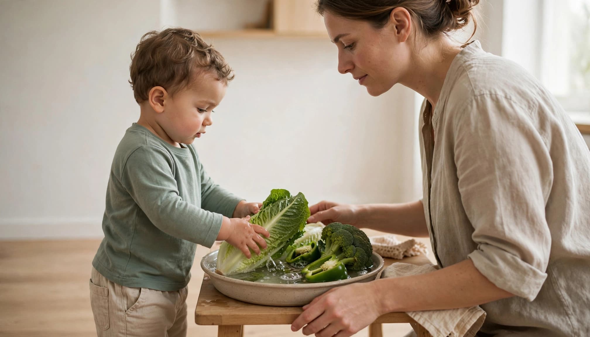 A toddler rinses large pieces of produce in a basin as an adult supervises nearby.