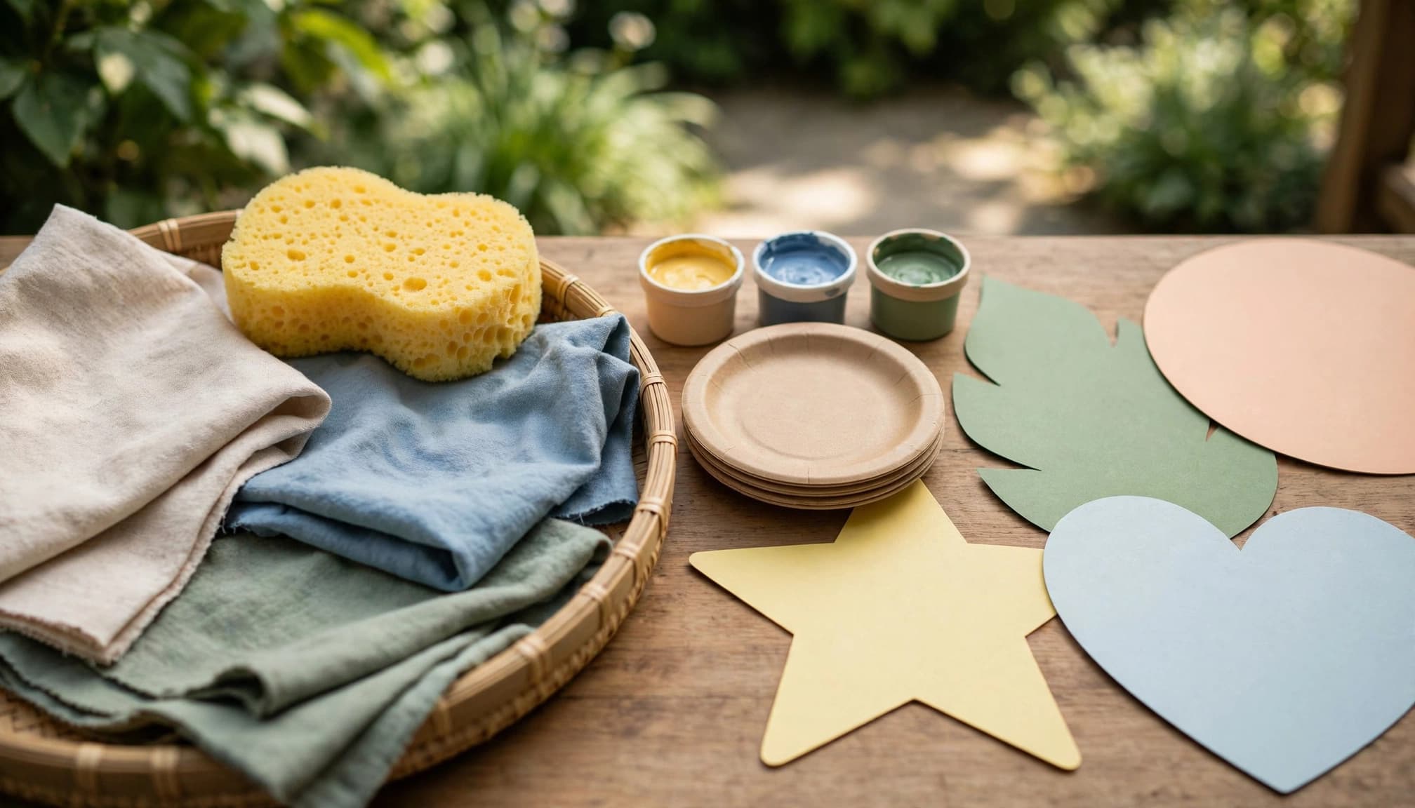 Toddler-friendly sensory and craft supplies arranged on a low table outdoors.
