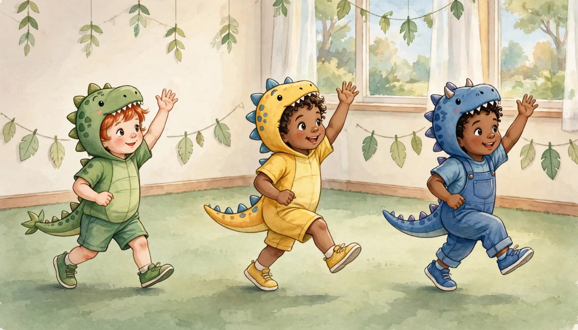 Three toddlers pretend to be dinosaurs as they march across a bright playroom.