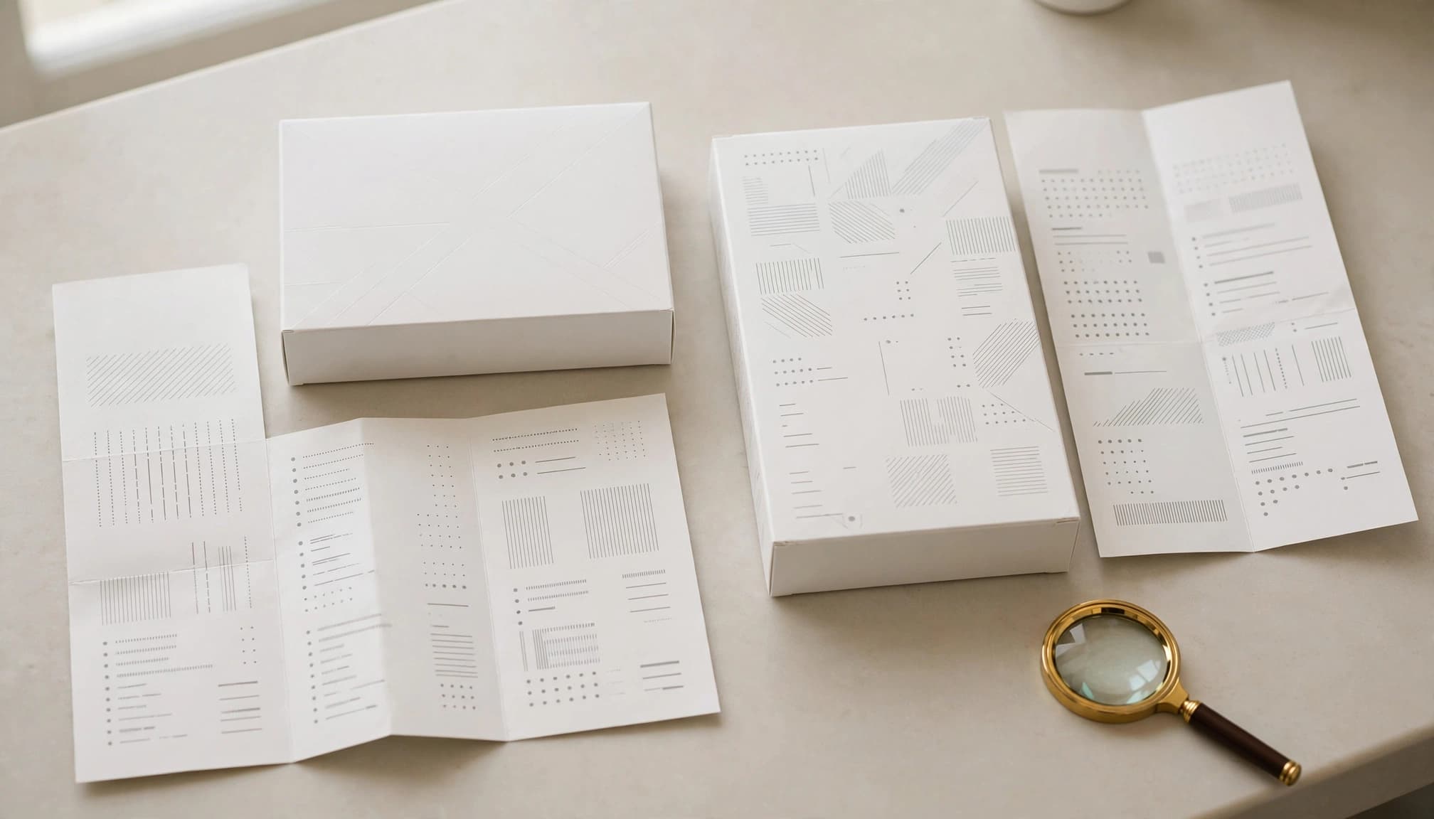 Two cream packages and ingredient leaflets sit on a pharmacy counter beside a magnifying glass.