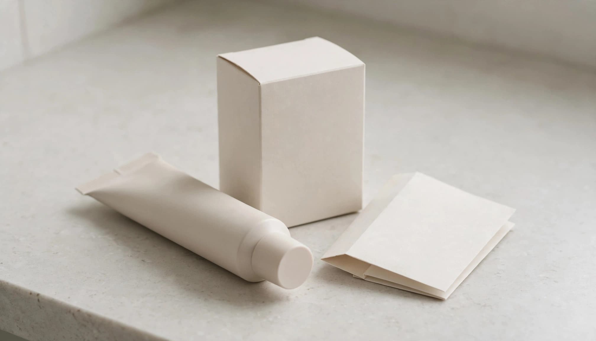 An unopened topical anesthetic tube, plain carton, and folded insert on a bathroom counter.