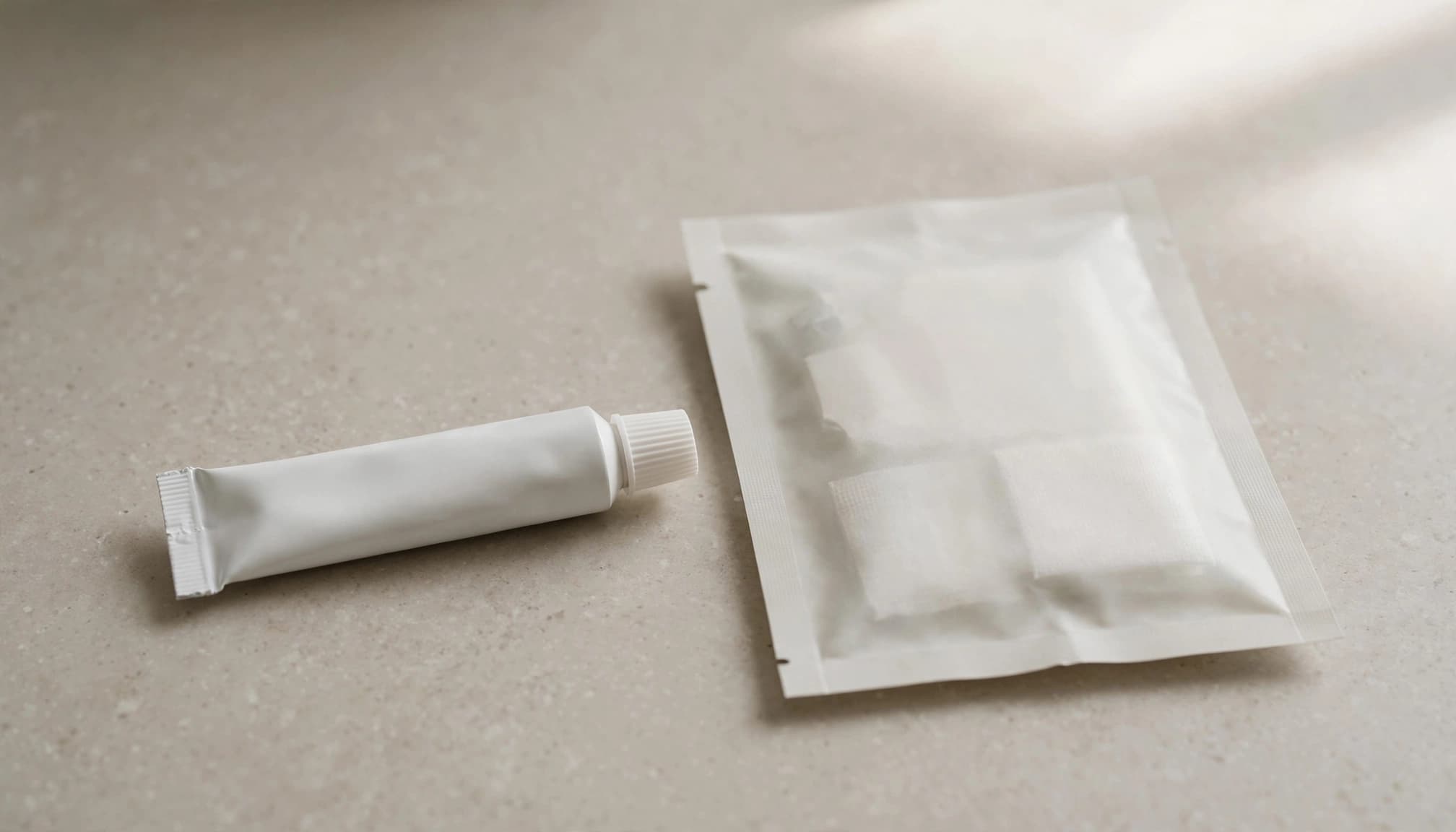 An unopened anesthetic tube sits beside a sealed tattoo aftercare packet on a bathroom counter.