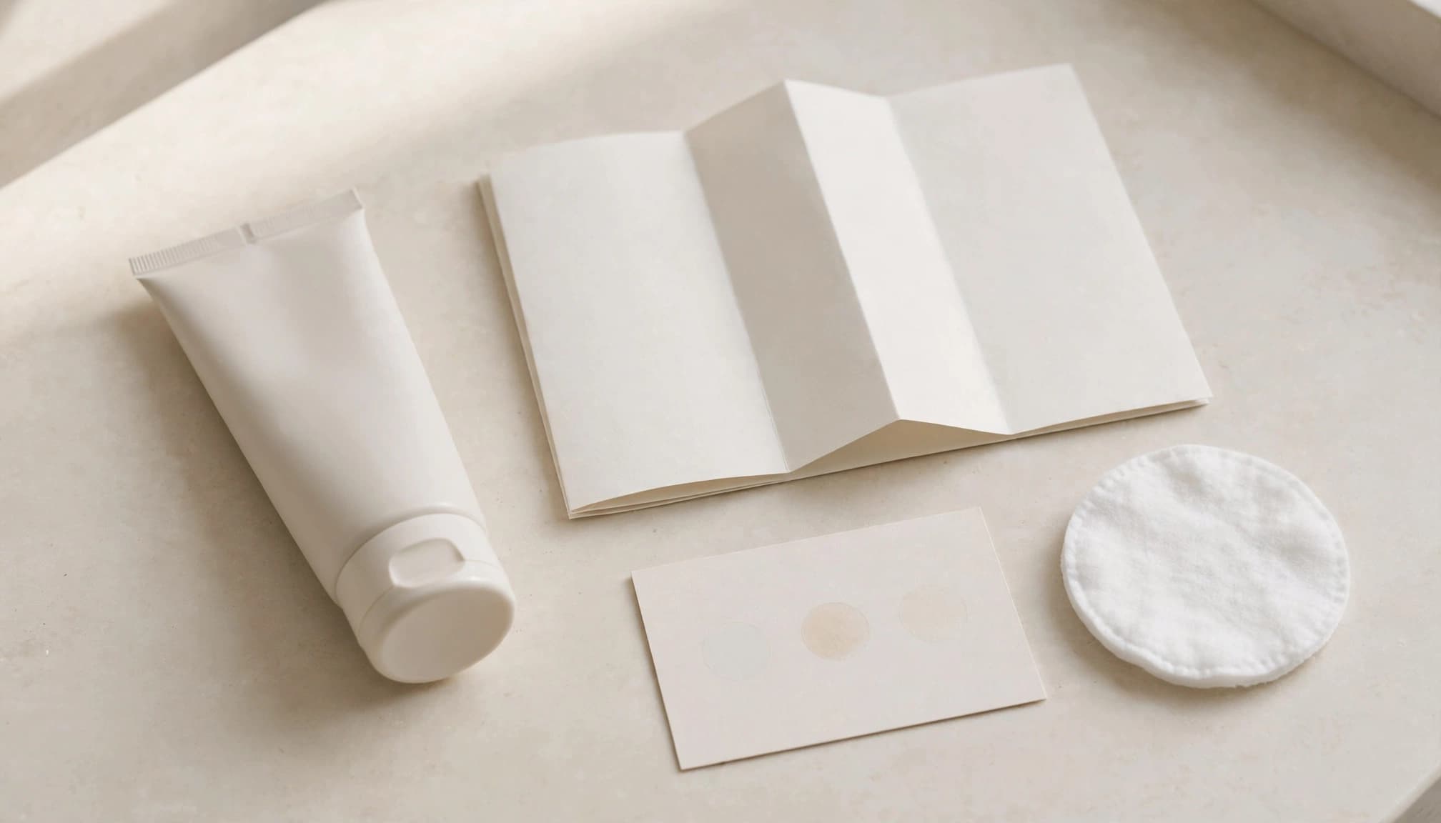 A cream tube, folded leaflet, patch-test card, and cotton pad on a bathroom counter.