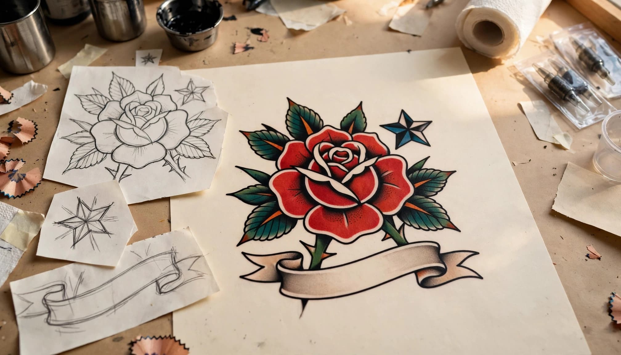 A colorful rose and nautical star tattoo design beside loose pencil sketches.