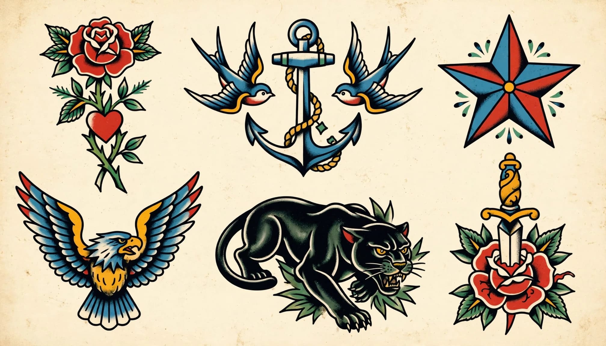 Vintage tattoo designs, including roses, an anchor, swallows, an eagle, and a panther, on ivory paper.