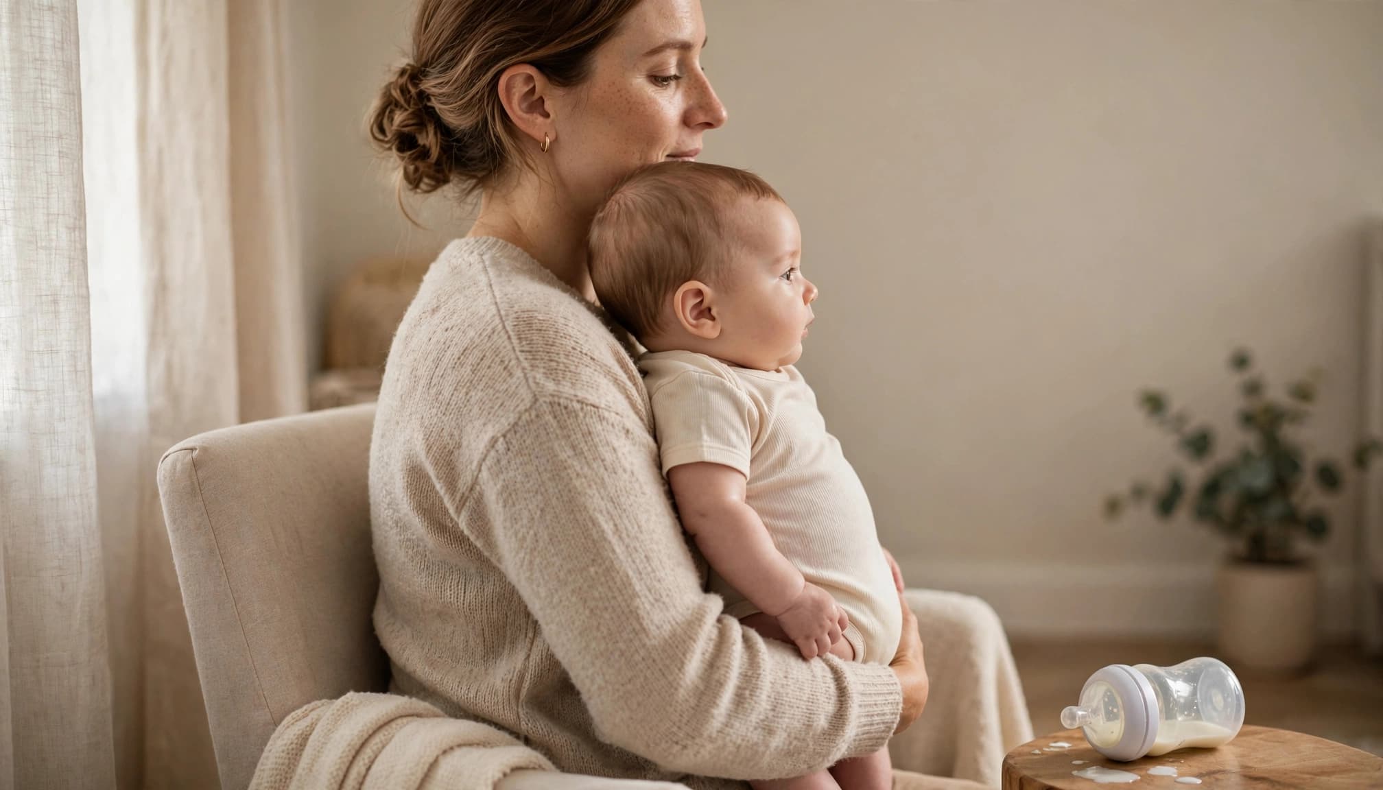 Caregiver holding an infant upright after bottle feeding in a softly lit nursery.