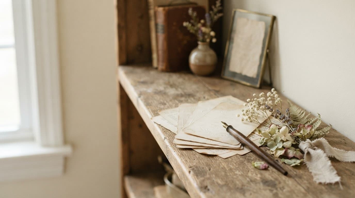 Aged announcement cards, a fountain pen, and dried flowers sit on a nursery shelf.