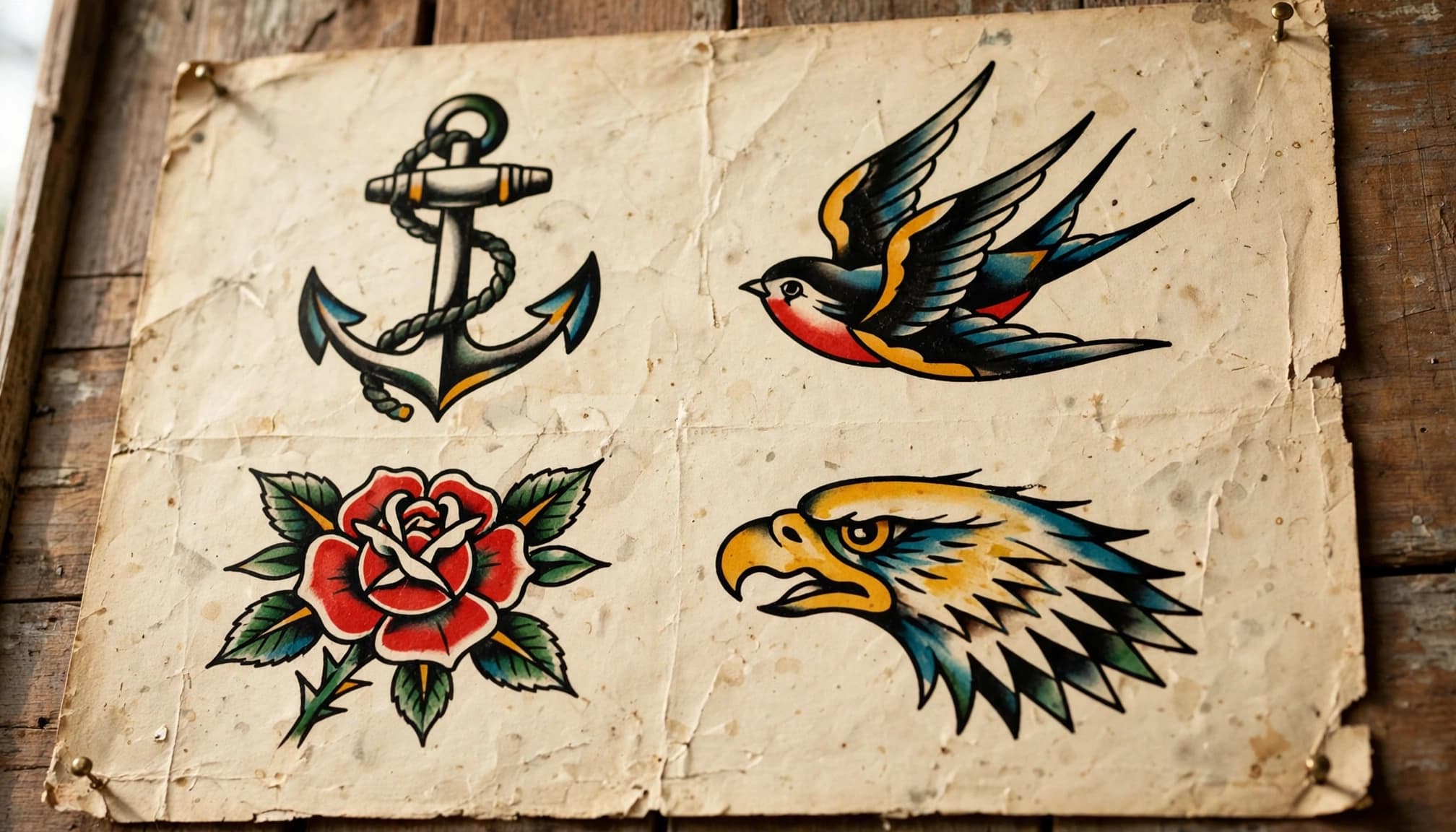 A vintage tattoo sheet shows an anchor, swallow, rose, and eagle in colorful outlines.