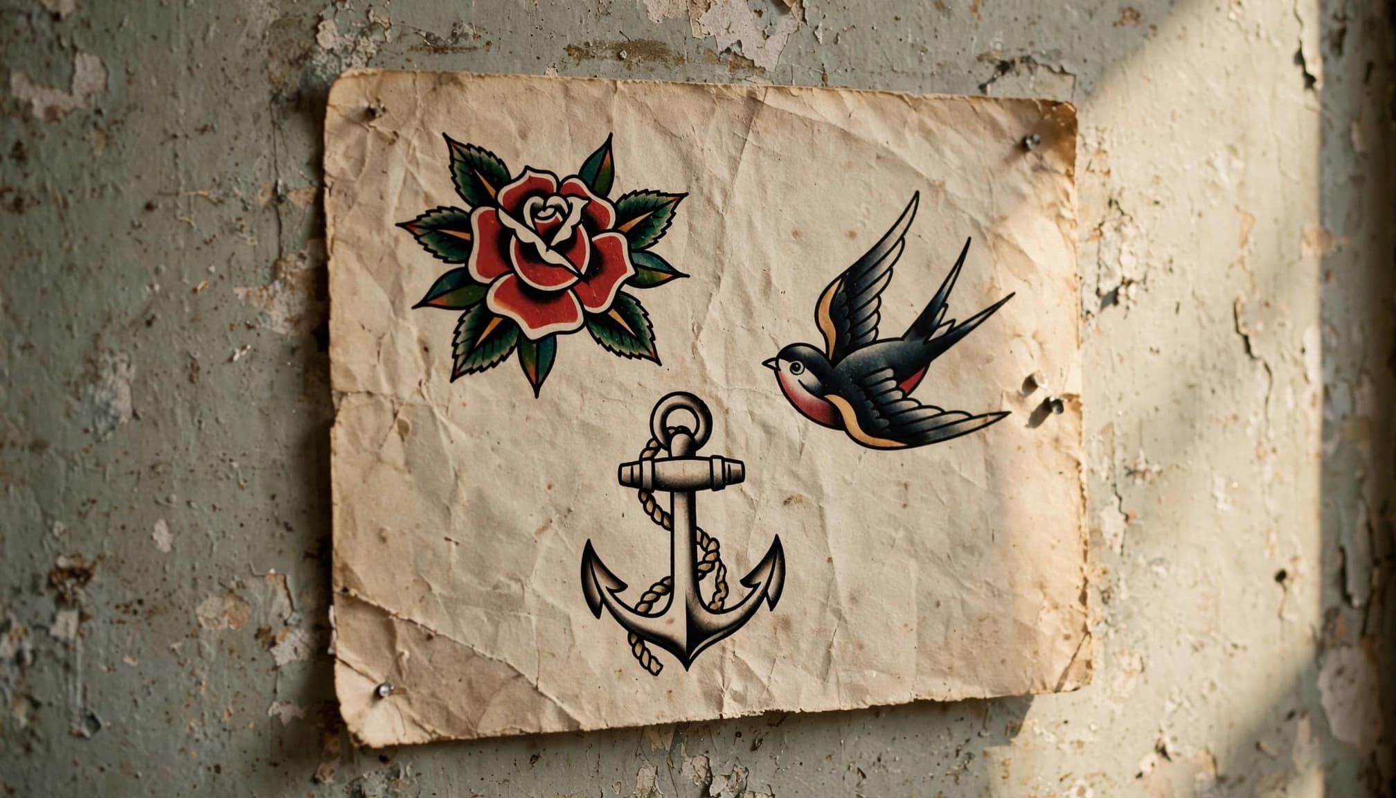 An aged flash sheet shows a rose, anchor, and swallow on a tattoo shop wall.