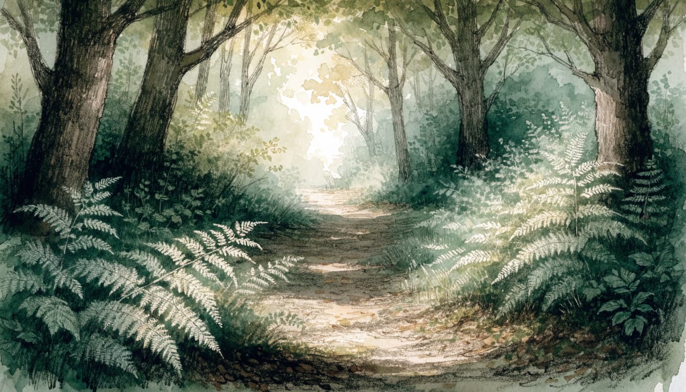 A winding path beneath leafy trees, with ferns in soft morning light.