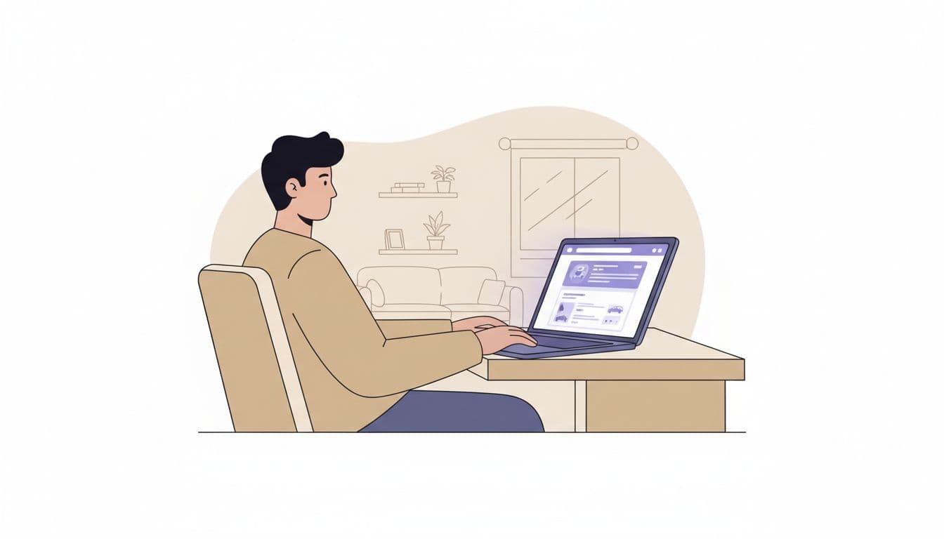 Modern illustration of one person sitting relaxed at a home desk with laptop open to an insurance comparison website, Greek vehicle insurance theme with subtle accent glow on screen.