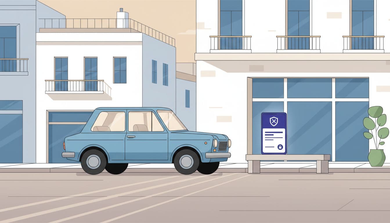 Modern illustration of a parked Greek passenger car on a sunny urban street, with a nearby smartphone screen showing a digital fine notification for an uninsured vehicle, using a purple accent color on the alert icon.