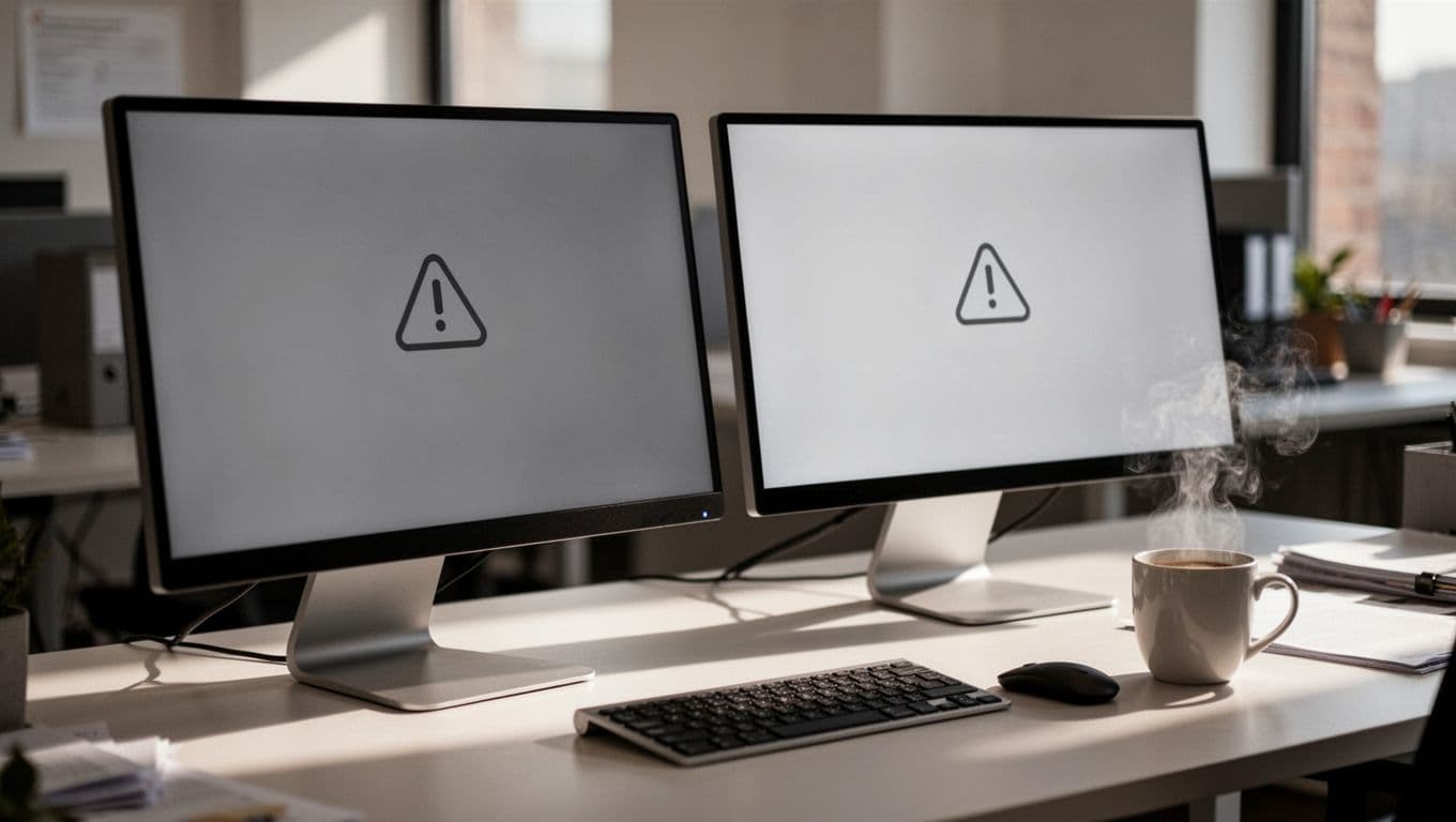 Split-screen: left browser shows 404 error, right shows 410 on matching desk with keyboard and mug.