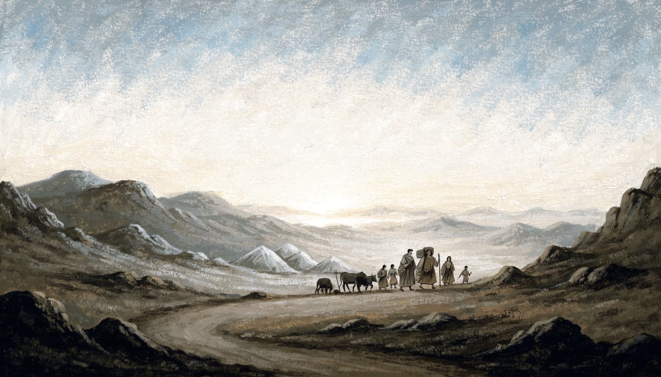 A hand-painted landscape of a small ancient family group and livestock traveling through highlands at dawn.