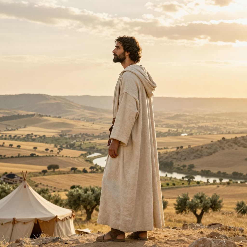 Abraham viewing the promised land of Canaan at sunset.