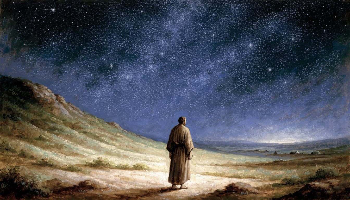 A robed figure stands looking up at a vast night sky filled with countless stars above a landscape.