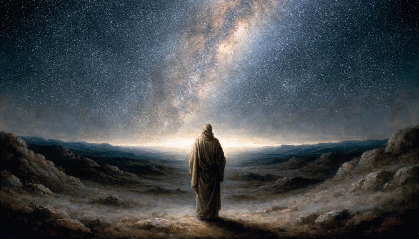 A robed figure stands on a rocky hill under a vast star-filled night sky and glowing horizon.
