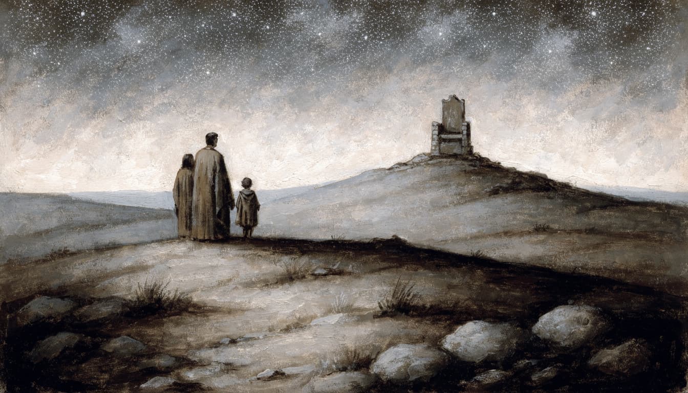 An illustration of a family looking at a distant throne on a hill beneath a starry night sky.