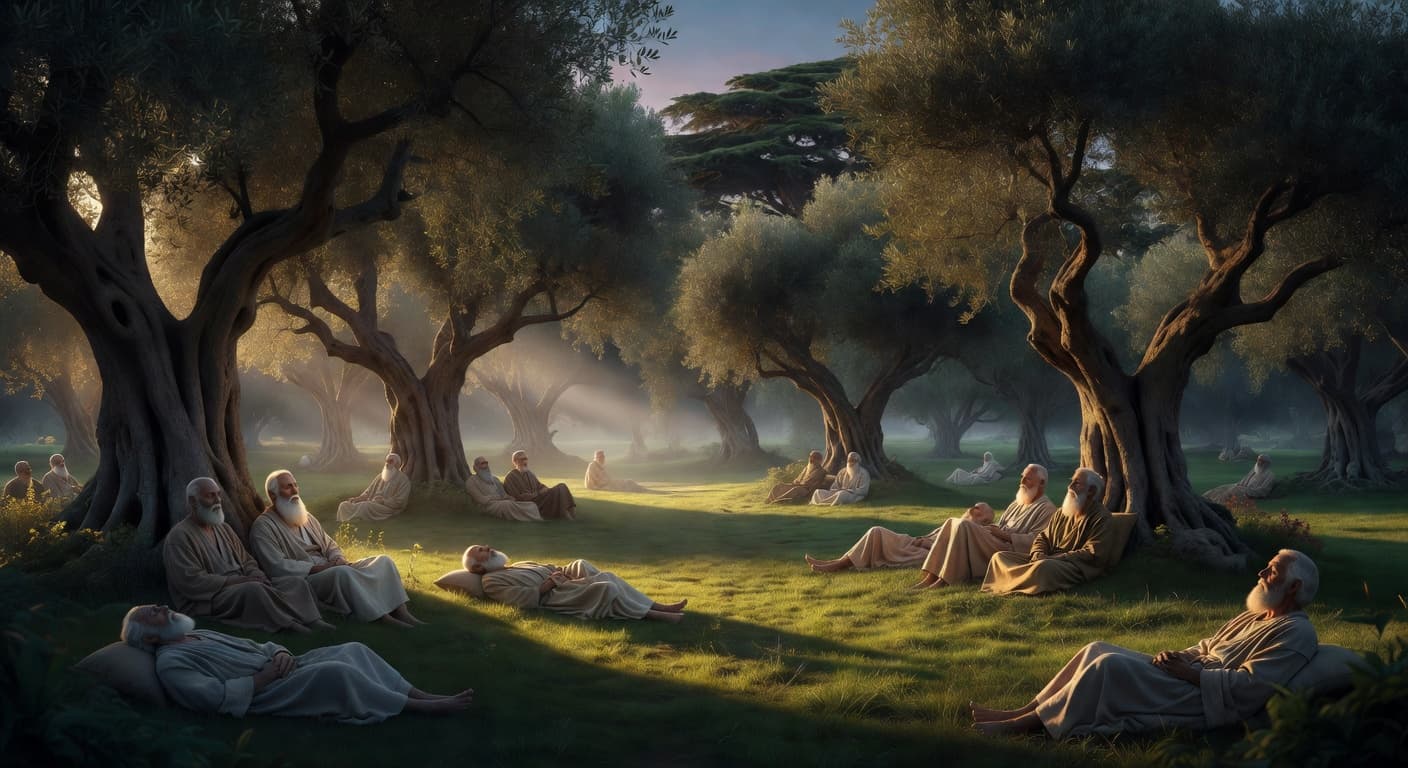 Silhouetted figures sit in quiet meditation beneath the sprawling branches of ancient, majestic trees. The scene is bathed in a soft, ethereal golden twilight that highlights the tranquil, pastoral landscape.