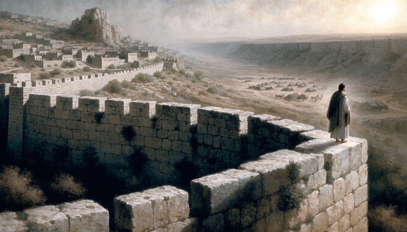 A robed figure stands on a stone wall overlooking a valley with distant tents under a hazy sky.
