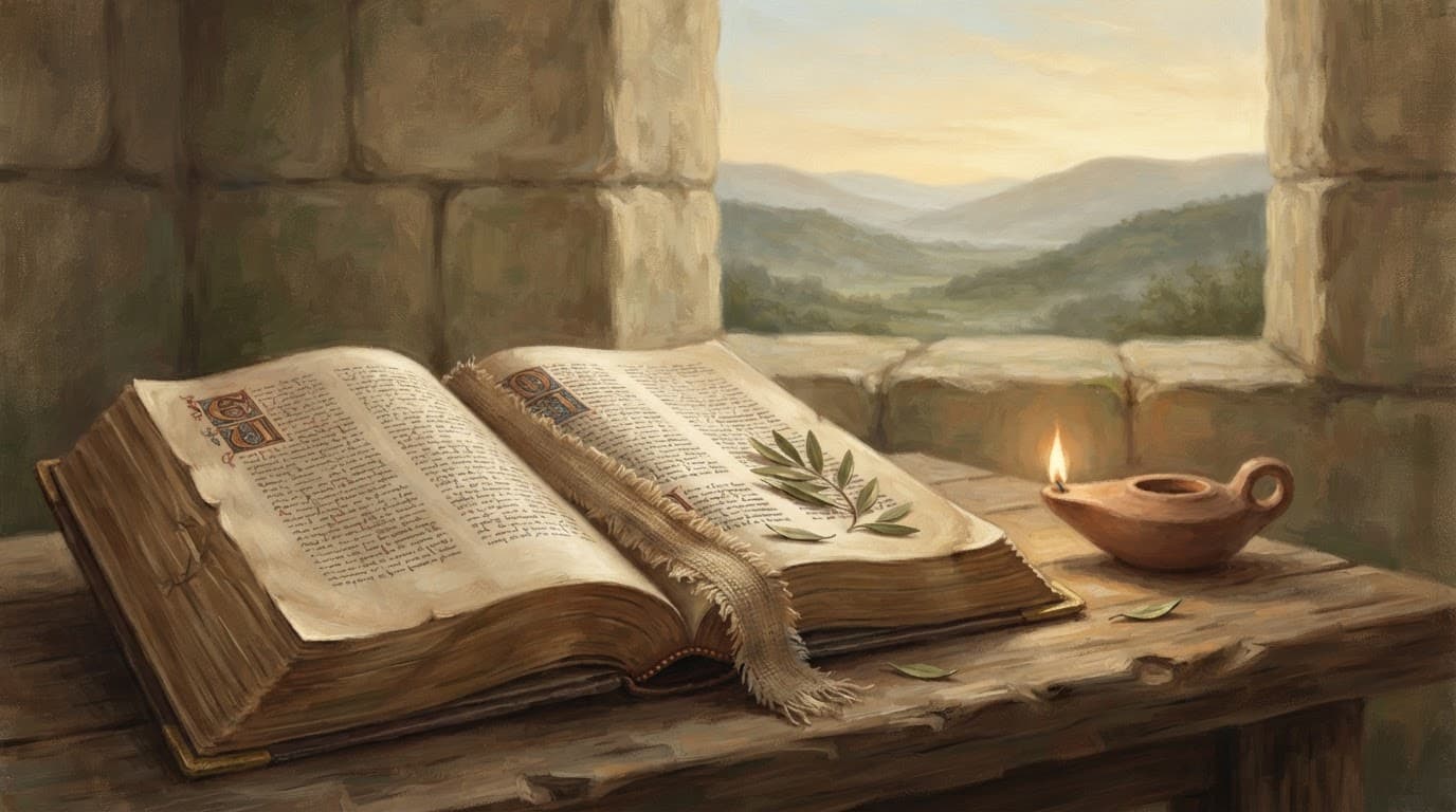 An open ancient book and lit oil lamp on a wooden table by a stone window overlooking hills.