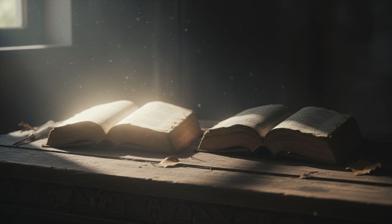 Two weathered vintage books rest upon a rustic wooden tabletop. A soft ethereal glow emanates from the pages of one volume, while the second book remains enveloped in deep, moody shadows.