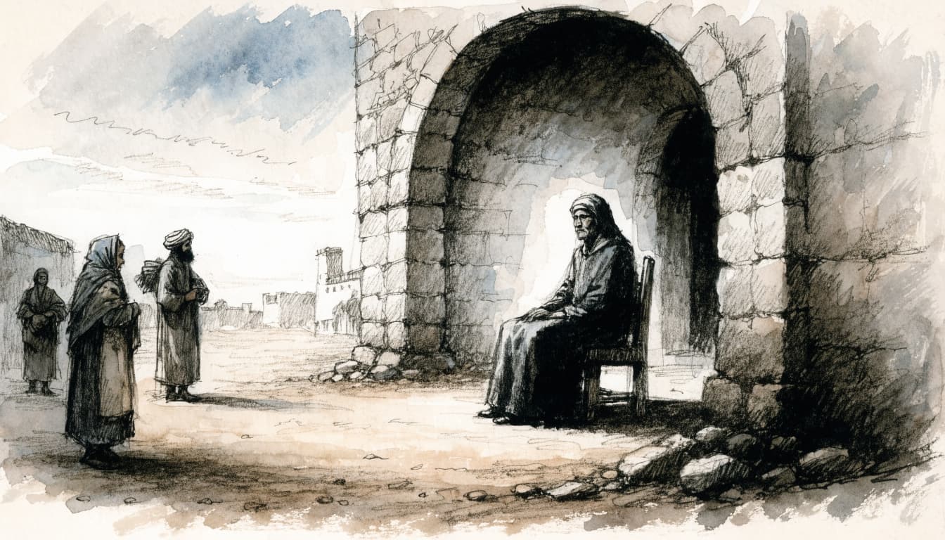 Watercolor illustration of a ruler seated under an arch, with citizens standing nearby.
