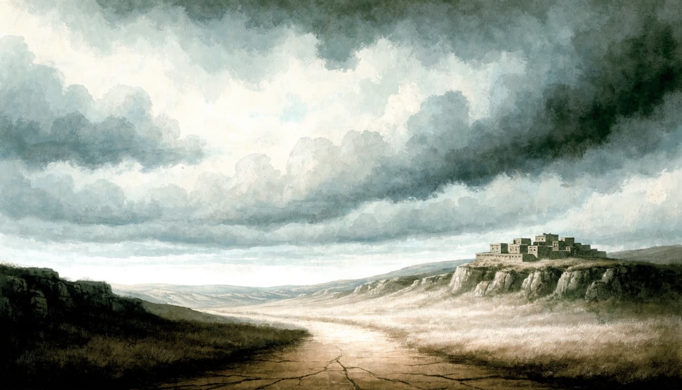 A hand-painted landscape shows a cracked path leading toward an ancient stone city beneath stormy clouds.
