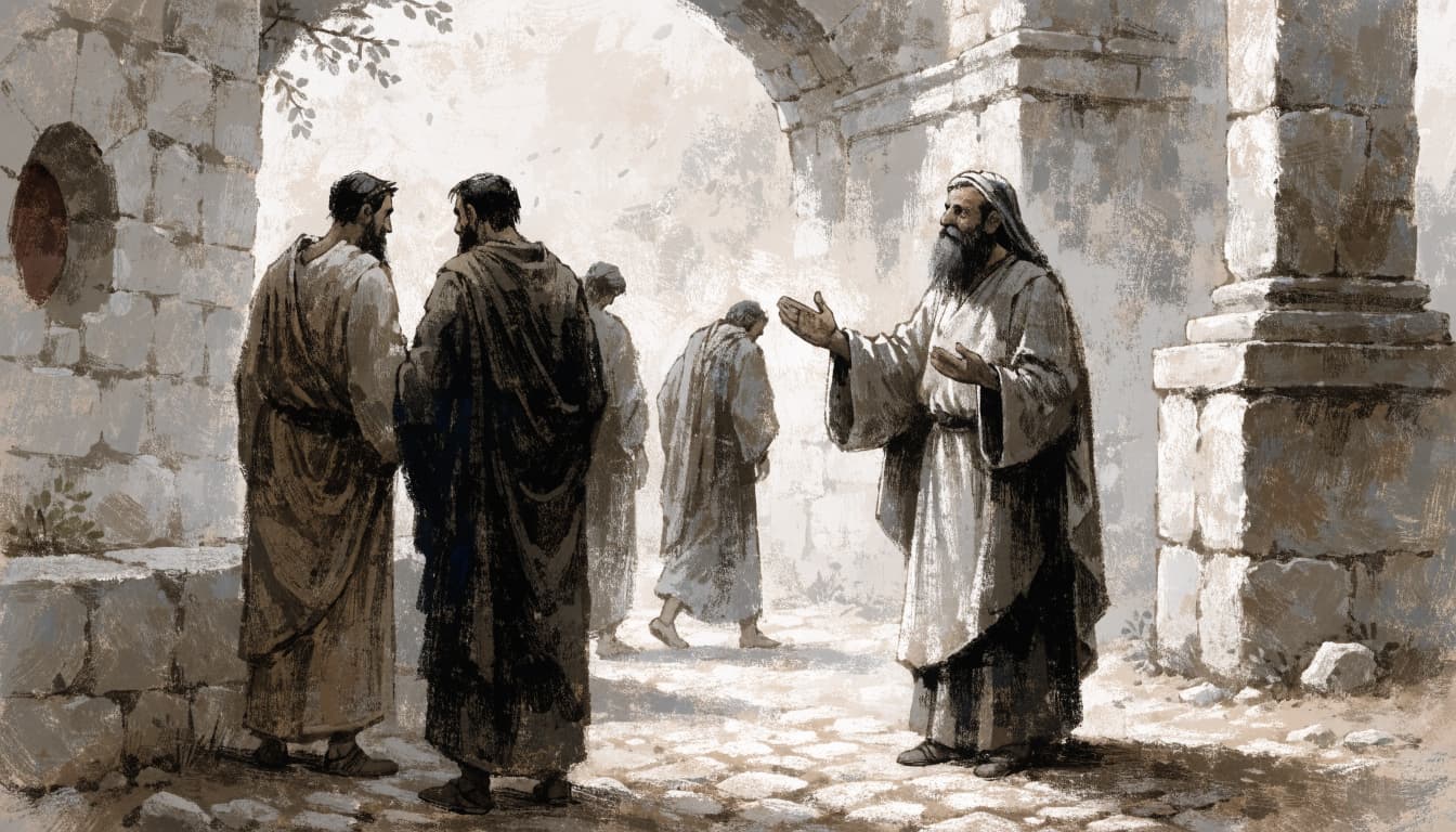 An editorial illustration of five figures in simple robes gathered in a stone courtyard.