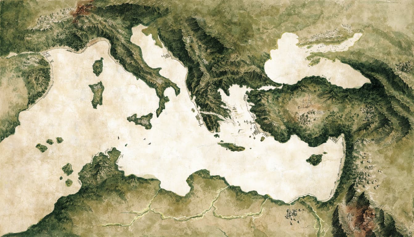 An illustrated historical map of the Mediterranean and surrounding regions in muted tones.