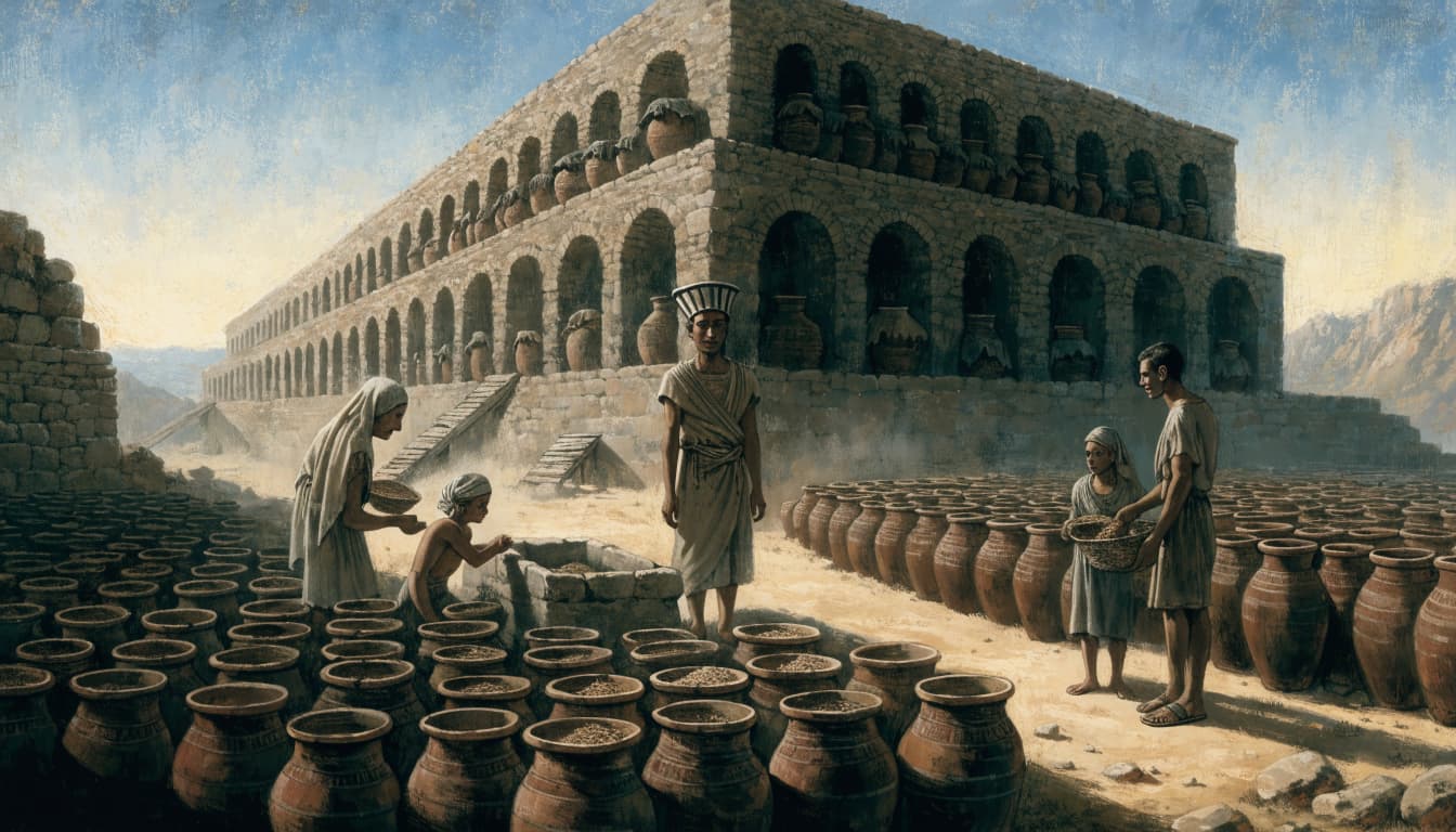 A historical painting of ancient Egyptians distributing grain near a large stone granary.